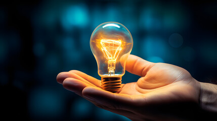 Hand holding glowing light bulb. Concept of idea, innovation, and inspiration