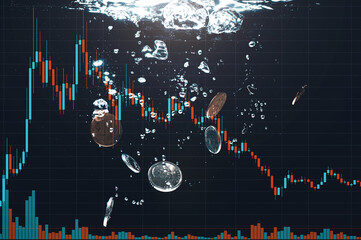 Money falling into the water on a black background.
Sinking economy against the background of the graph.
falling money as a sign of crisis and recession.