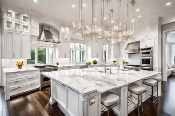 A pristine white kitchen with gleaming stainless steel appliances and marble countertops.