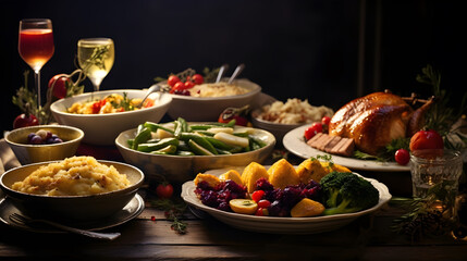 Thanksgiving dinner table set with candles flowers and plates. Ai generative.