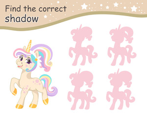 Find correct shadow cute unicorn with ponytail hairstyle vector © alinart