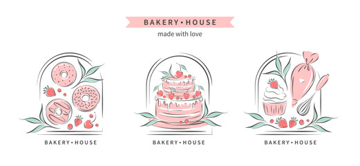 Bakery house logo. Set of design for pastry and bread shop. Kitchen tools and cakes and berries. Vector illustration