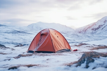 tent on snow hill in winter - obrazy, fototapety, plakaty