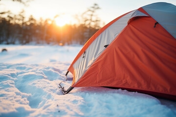 tent on snow hill in winter