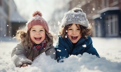 two children playing in snow - obrazy, fototapety, plakaty