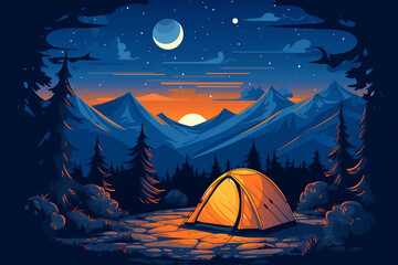 vector illustration of a camping tent view at night