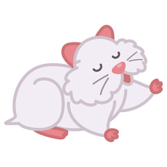 White hamster stretches and yawns cute cartoon doodle illustration. Happy pet.