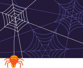 蜘蛛の巣柄の背景と糸にぶら下がる蜘蛛紫文字なし