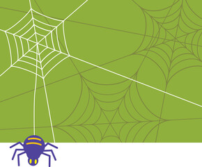 蜘蛛の巣柄の背景と糸にぶら下がる蜘蛛緑文字なし