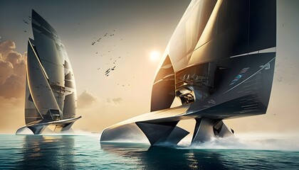 the future of the Americas Cup with 2 Aliens sailing foiling superyachts looking like spaceships racing each others on crystalline waters of a tropical extrasolar lagoon  - obrazy, fototapety, plakaty