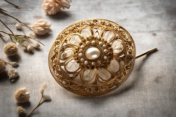 Ornate gold brooch with intricate filigree details