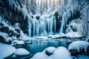 A serene winter landscape with a frozen waterfall cascading down icy cliffs. - Powered by Adobe