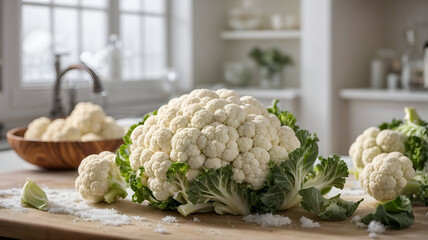 Big fresh cauliflower on the kitchen table, healthy food concept