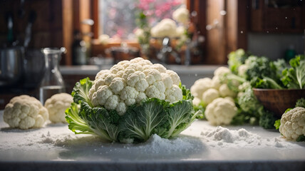 Big fresh cauliflower on the kitchen table, healthy food concept