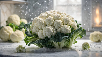 Big fresh cauliflower on the kitchen table, healthy food concept