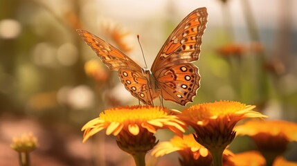 A butterfly with a very beautiful wing color, is perched enjoying flower pollen in one of the flowers with a blur natural background
