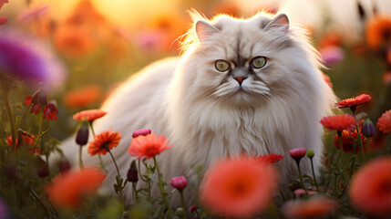 Naklejka na ściany i meble Image of Persian cat in a beautiful field of flowers