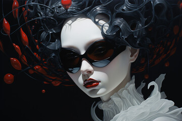  A Captivating Female Portrait in Sunglasses, Merging Modern Avant-Garde Style with the Timeless Allure of Neo-Gothic Aesthetics, a Fusion of Fashion and Elegance