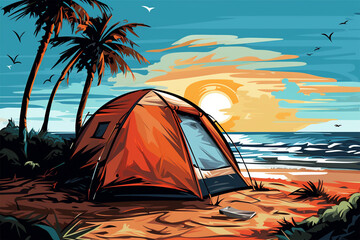 vector illustration of a view of a camping tent on the beach - obrazy, fototapety, plakaty
