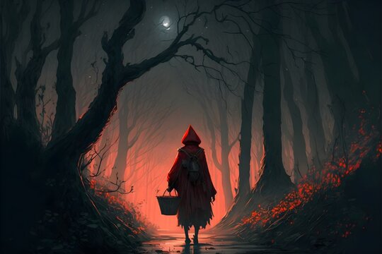 oo joo park as red riding hood wearing a red hooded cloak in a dark spooky forest carrying a basket in one hand and a knife in the pther hand dusk1 defocus05 