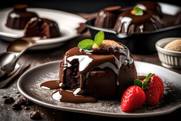 A close-up of a luscious chocolate lava cake oozing with warm, gooey goodness