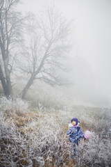 A little girl with a pink balloon in her hands stands in the fog on the hills with trees in winter.