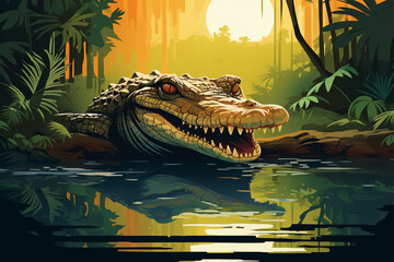 vector illustration of a view of a crocodile in a swamp