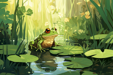 Fototapeta premium vector illustration of a view of a frog on an aquatic plant