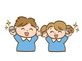 お小遣いをもらって大喜びの男の子と女の子_保育園児の兄妹