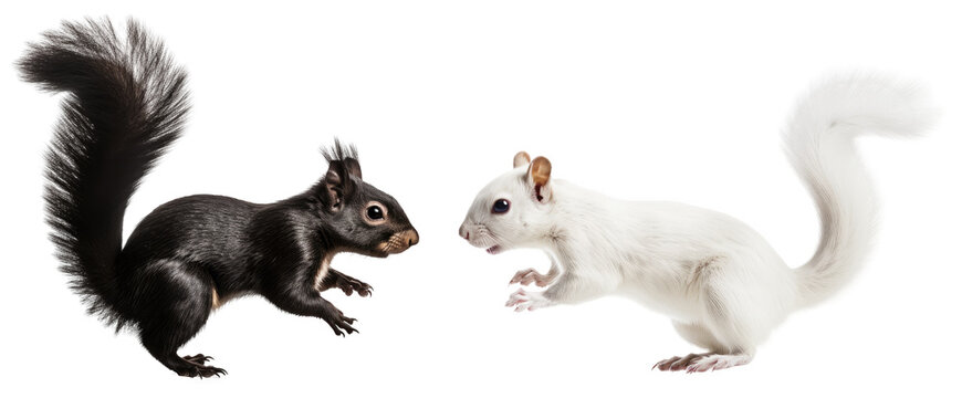 Black squirrel and white squirrel isolated on a transparent background