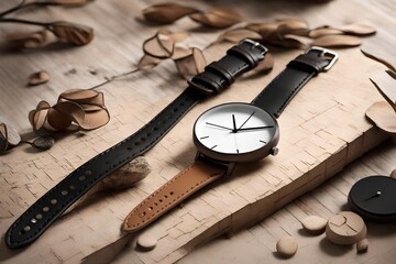 Minimalist and sleek designer wristwatch with a leather strap