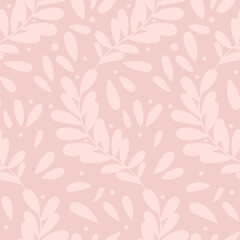 Delicate pastel pink vector pattern with leaves, elegant background, seamless repeat