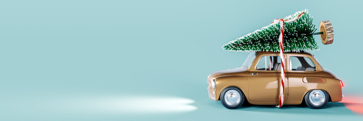 Brown old car toy with Christmas decorative pine tree on the roof. Christmas is coming concept on...