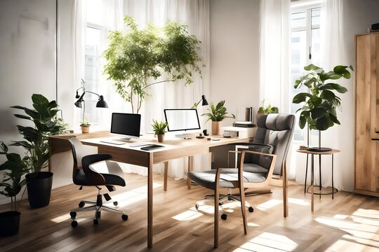 A modern office desk bathed in natural sunlight, with a sleek computer setup and potted plants.