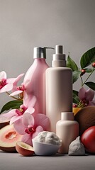Obraz na płótnie Canvas Natural skincare cosmetics bottles background