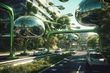 Behangcirkel Green futuristic city biophilia design buildings © dvoevnore