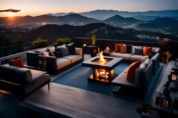 A rooftop lounge with comfortable seating, a fire pit, and panoramic views of the surrounding landscape.