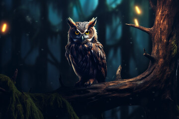 Owl sitting on a branch in creepy forest. Magic Halloween concept.