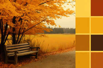 Autumn landscape with yellow maple trees and bench. Warm Palette