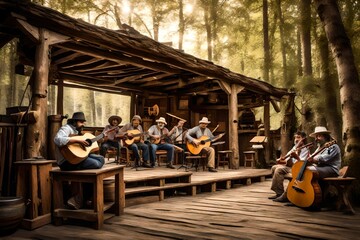 A rustic wooden stage with musicians playing lively folk tunes