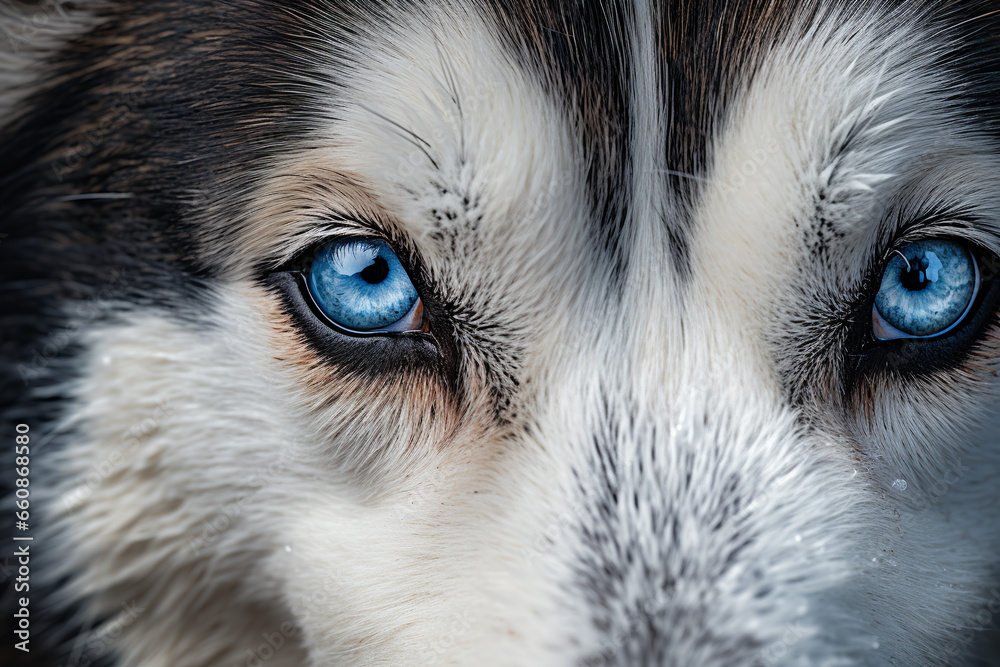 Sticker close-up shot of a husky dog's blue eyes