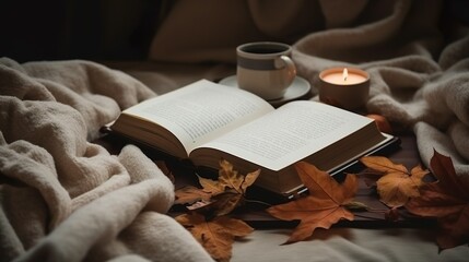 Cozy and boho autumn picnic in the colorful forest with leaves, book and coffee 