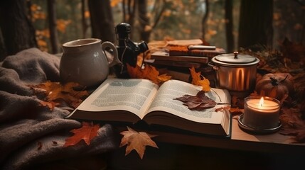 Fototapeta na wymiar Cozy and boho autumn picnic in the colorful forest with leaves, book and coffee 