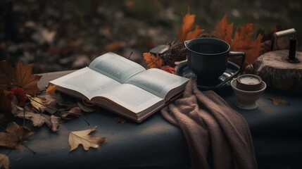 Still life in the fall forest with coffee, candles and a cozy book 