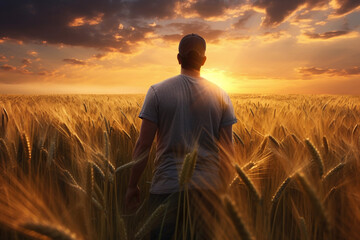 A man is in a wheat field looking at the sunset - obrazy, fototapety, plakaty