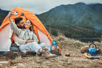 Couple, tent and kiss in camping selfie, memory and holiday on web blog, morning and countryside....