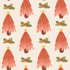 Cute hand drawn christmas seamless vector pattern background illustration with christmas trees and holly bush