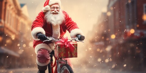 Portrait of Santa Claus riding a bicycle and smiling. A man dressed in a red costume brings New Year's gifts to children. - obrazy, fototapety, plakaty