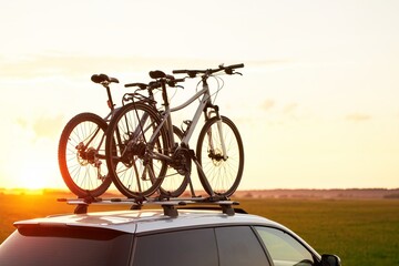 Obraz premium Transportation of bicycles on the roof of the car. Concept of a summer trip on a car trip with a bike. Sports equipment transportation.