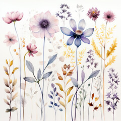 Obraz premium Modèle aquarelle sans couture avec fleurs sauvages éthérées, feuilles. Plantes sauvages, fleurs, branches. fond floral naturel. IA générative, IA